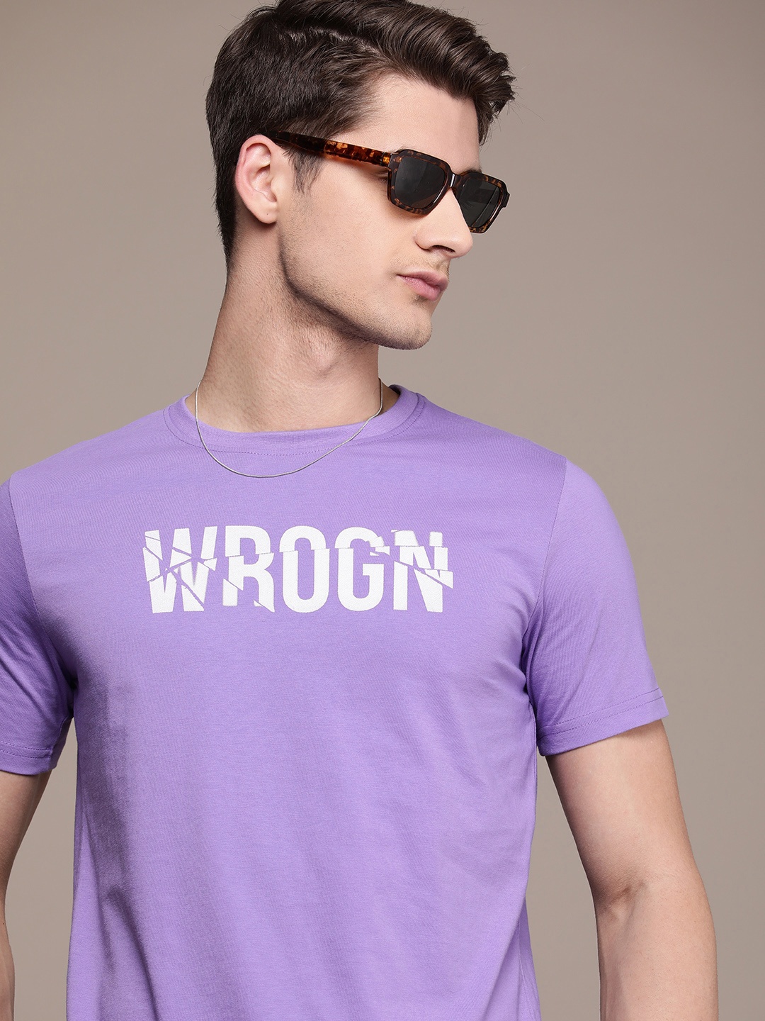 

WROGN Brand Logo Printed Slim Fit T-shirt, Lavender