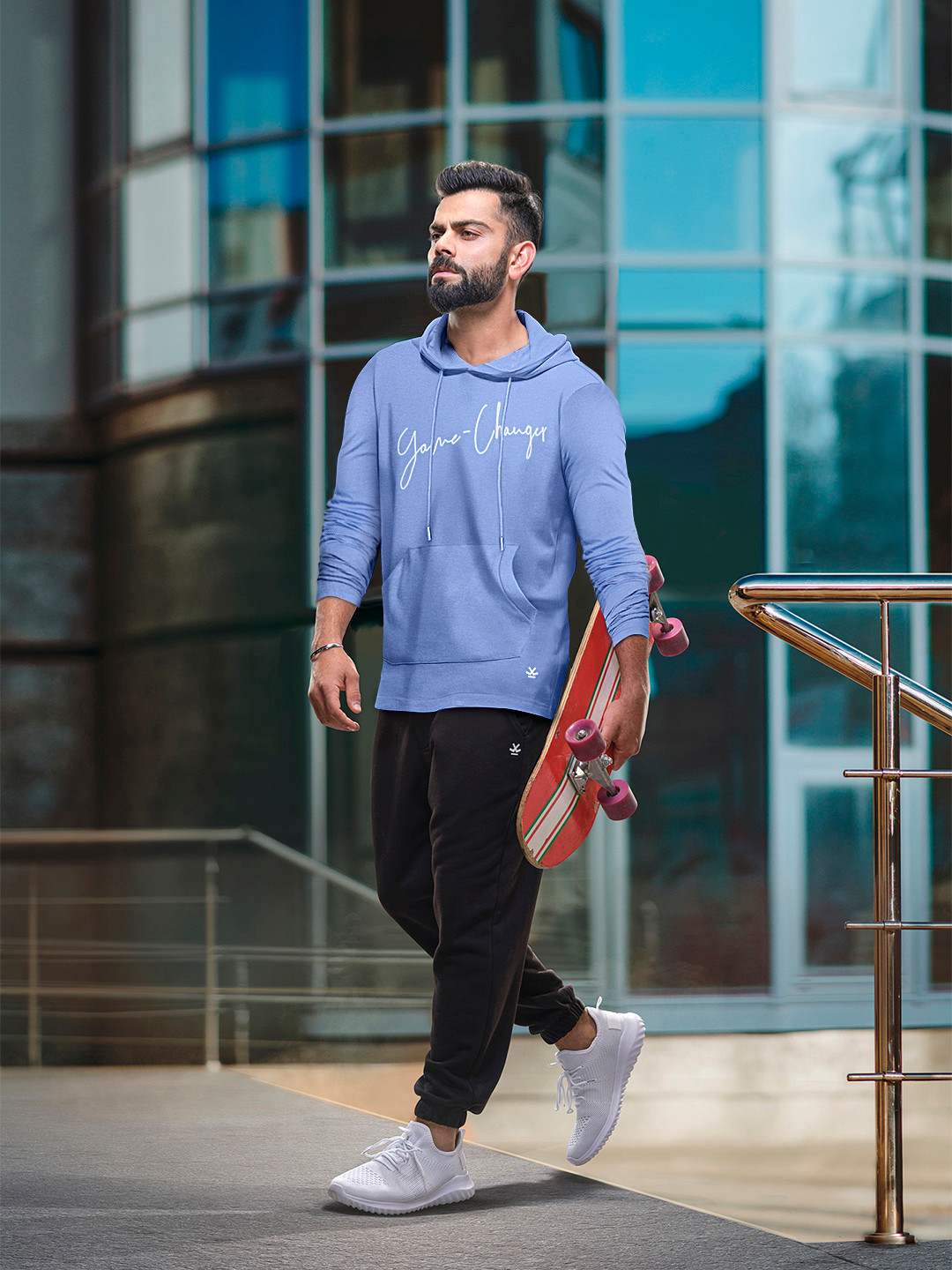 

WROGN Men Typography Printed Hooded Pure Cotton T-shirt, Blue