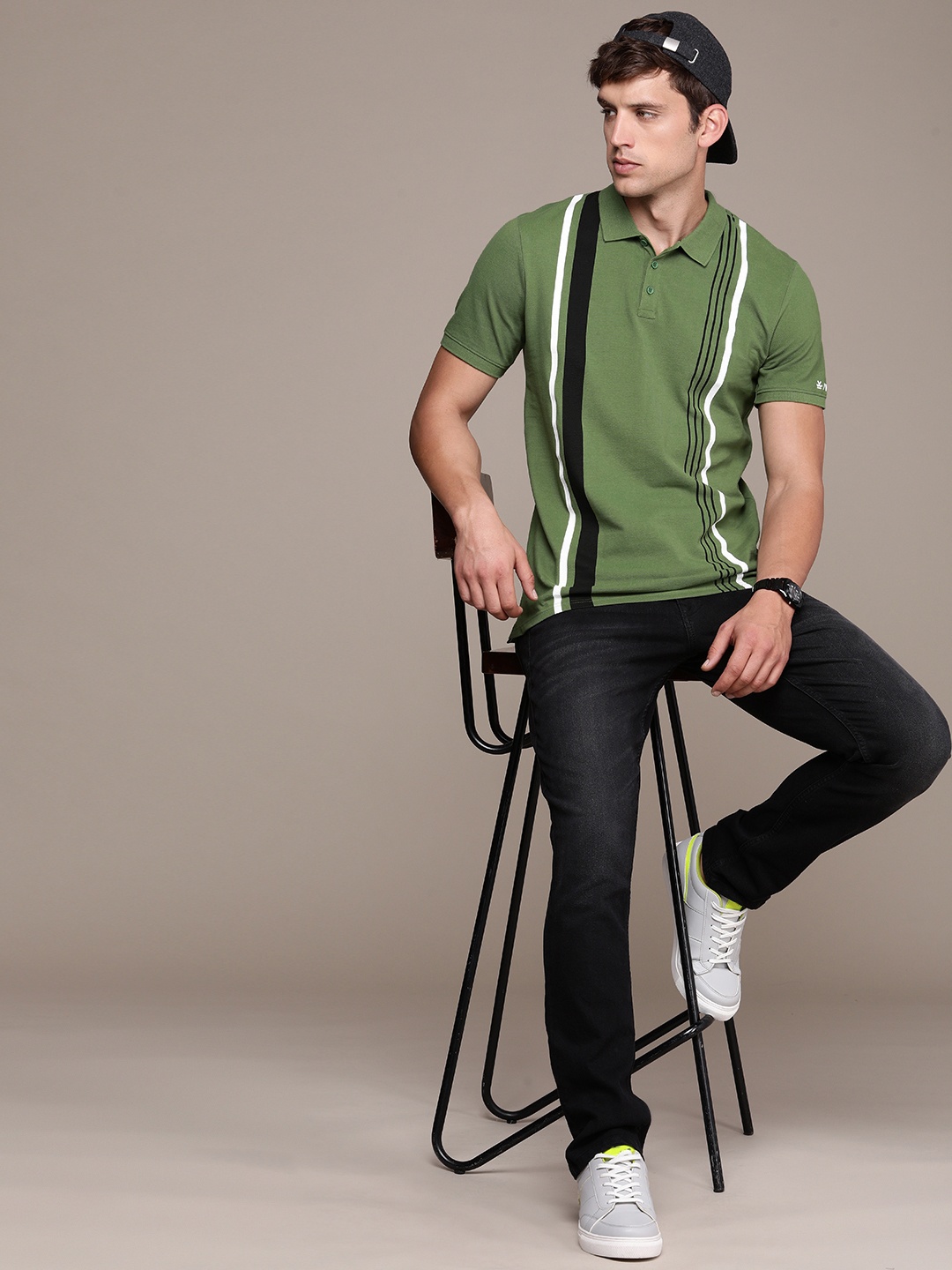 

WROGN Striped Polo Collar Pure Cotton Slim Fit T-shirt, Green