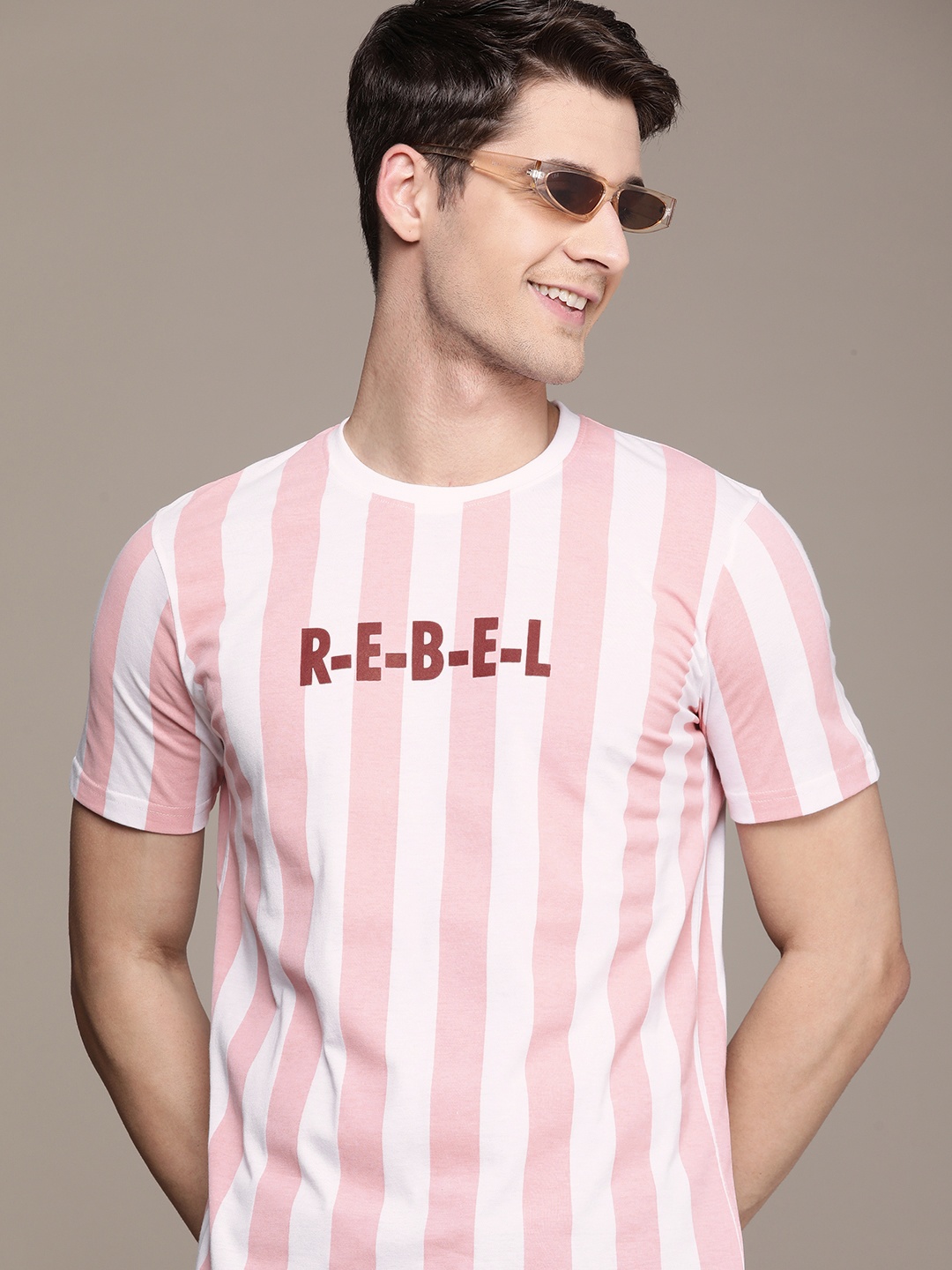 

WROGN Striped & Printed Slim Fit Casual T-shirt, Peach