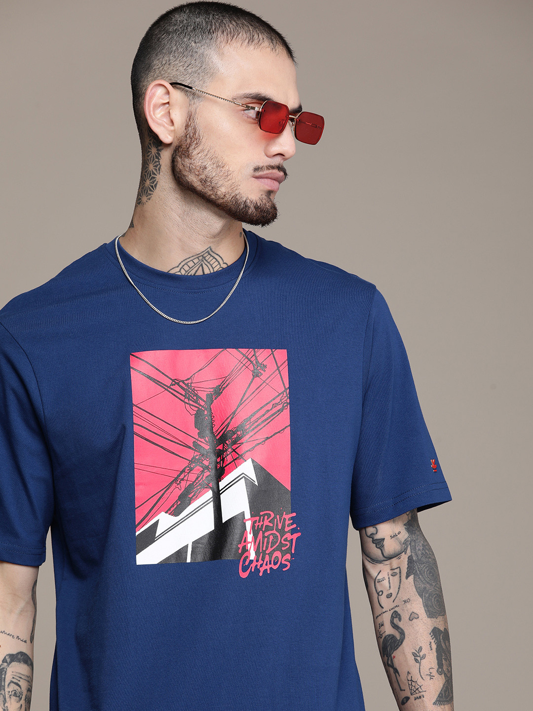 

WROGN Men Typography Print Knitted T-shirt, Navy blue