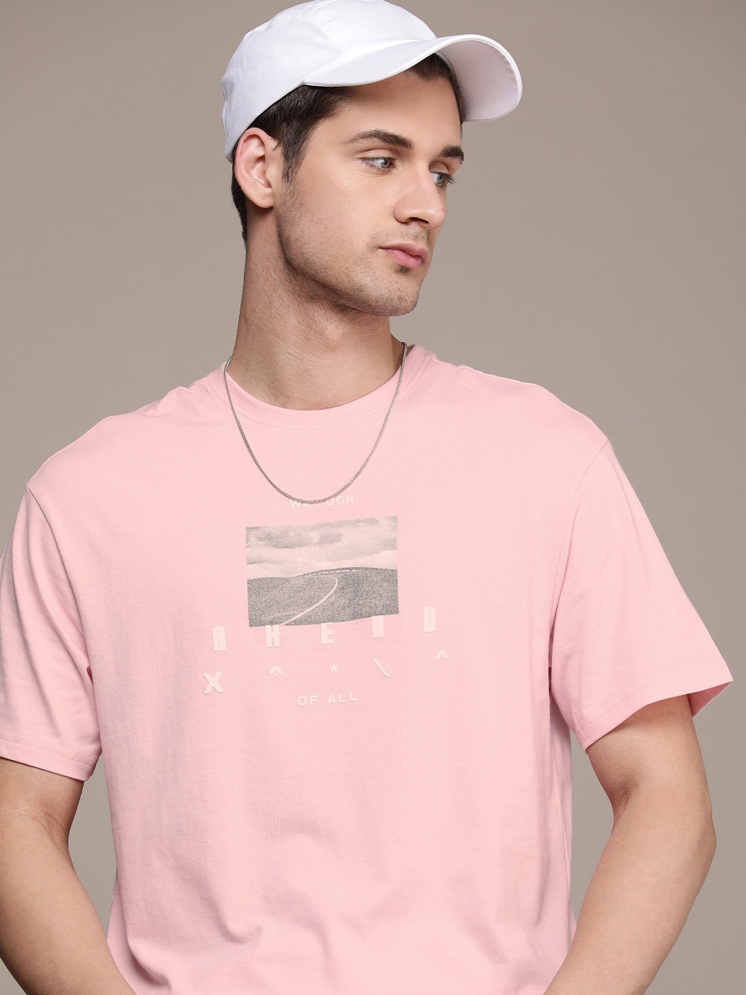 

WROGN Men Brand Logo Printed Pure Cotton T-shirt, Pink