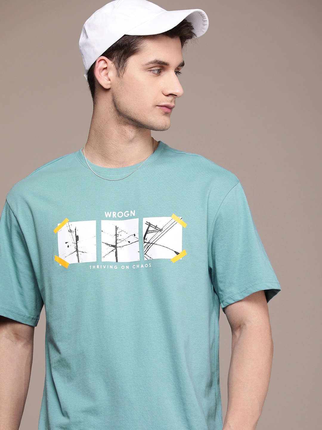 

WROGN Printed Drop-Shoulder Sleeves Boxy T-shirt, Blue