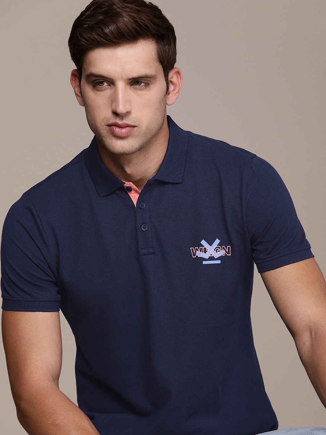 

WROGN Brand Logo Printed Polo Collar Pure Cotton Slim Fit T-shirt, Navy blue