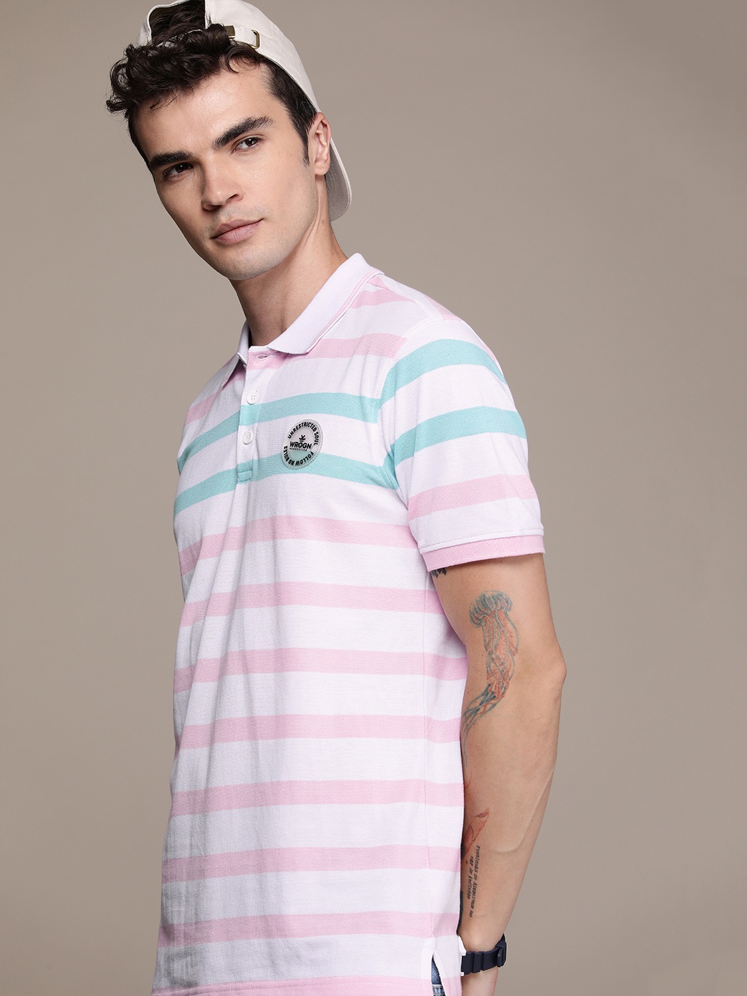 

WROGN Striped Polo Collar Slim Fit T-shirt, White