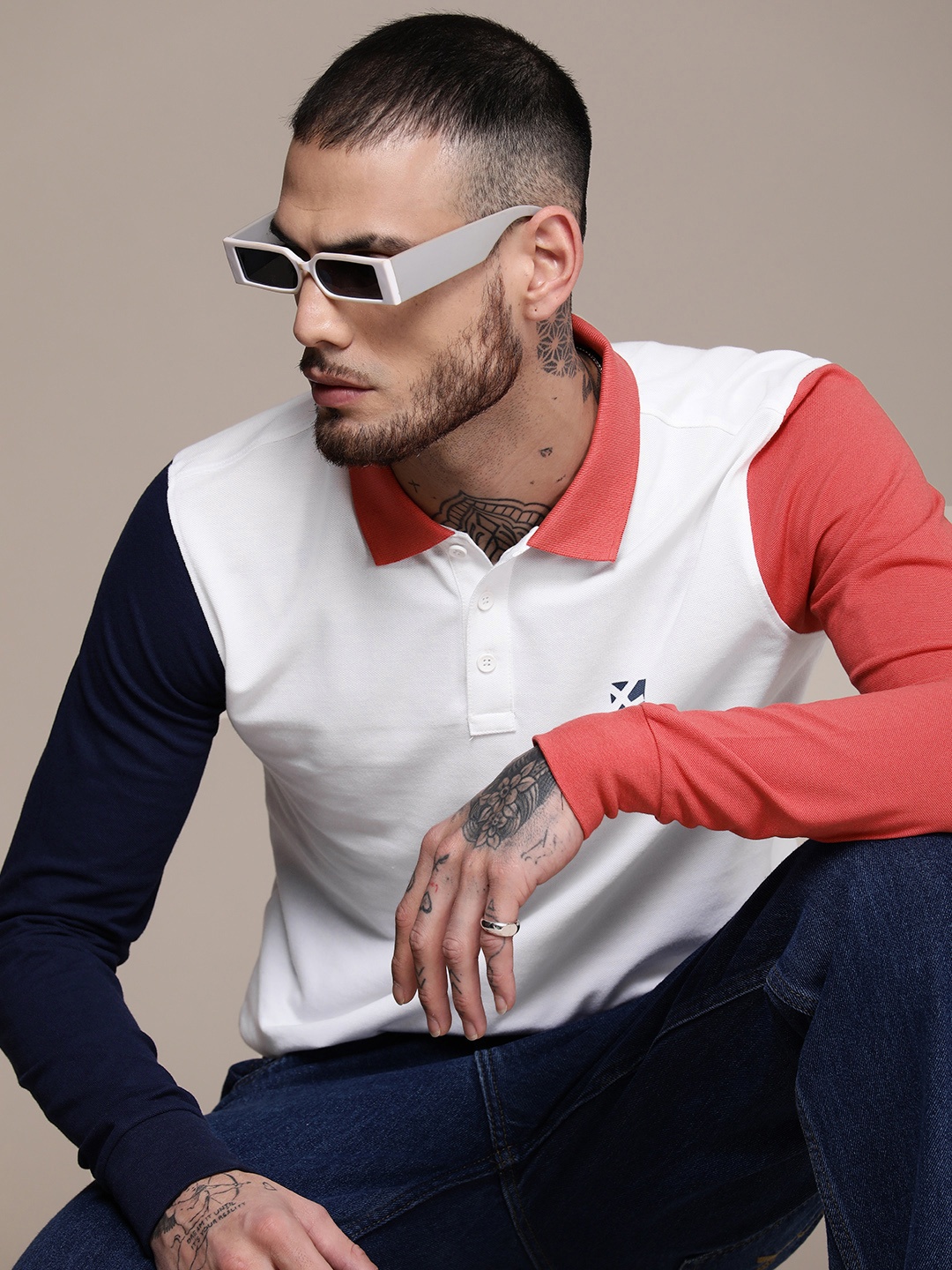 

WROGN Colourblocked Slim Fit Polo Collar Casual T-shirt, White