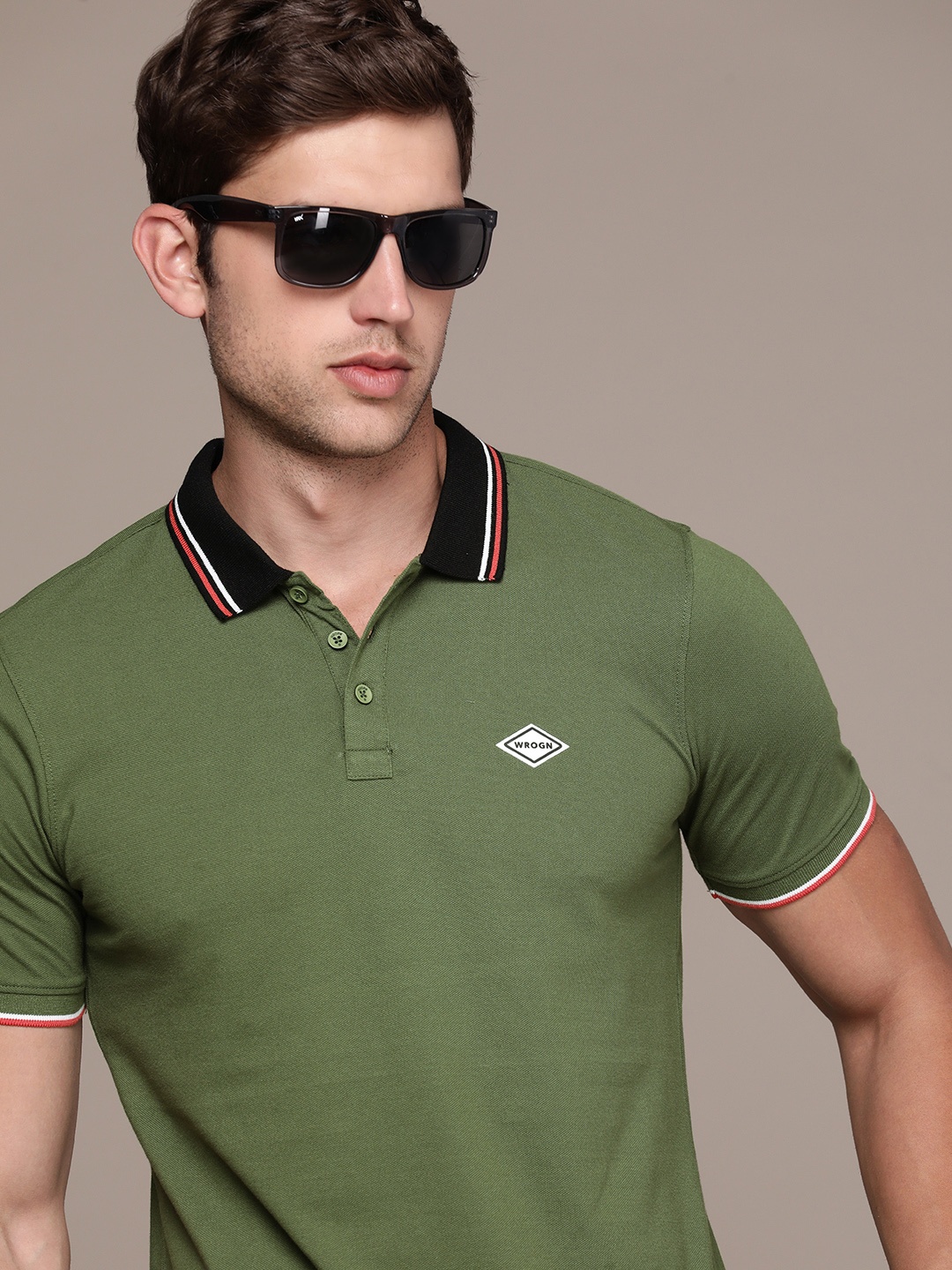 

WROGN Brand Logo Printed Polo Collar Slim Fit T-shirt, Olive