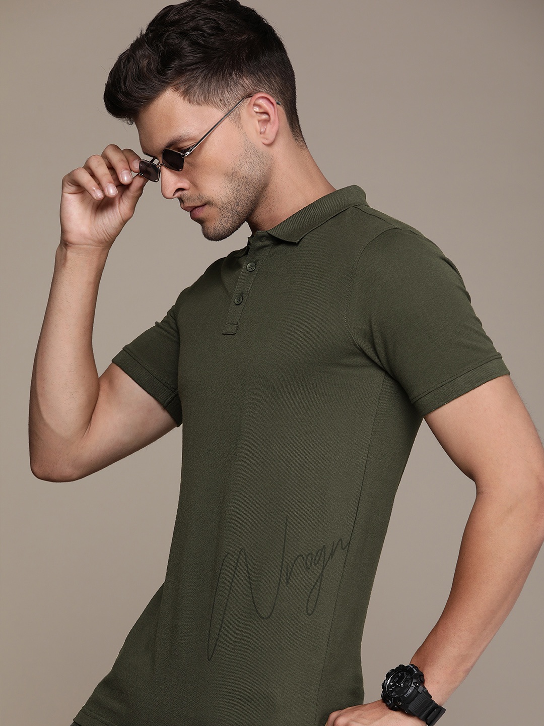 

WROGN Men Polo Collar Pure Cotton T-shirt, Olive