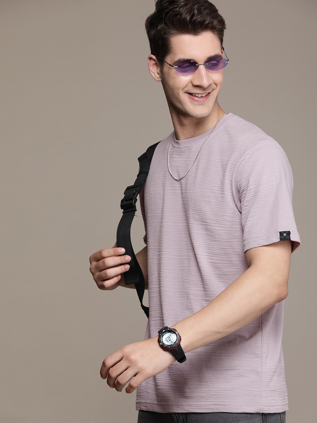 

WROGN Short Sleeves Self Striped T-shirt, Lavender