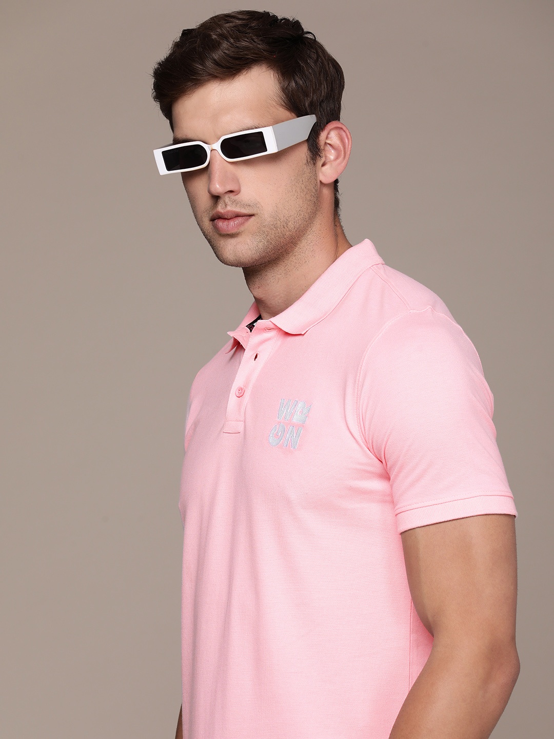 

WROGN Brand Logo Embroidered Polo Collar Slim Fit T-shirt, Pink