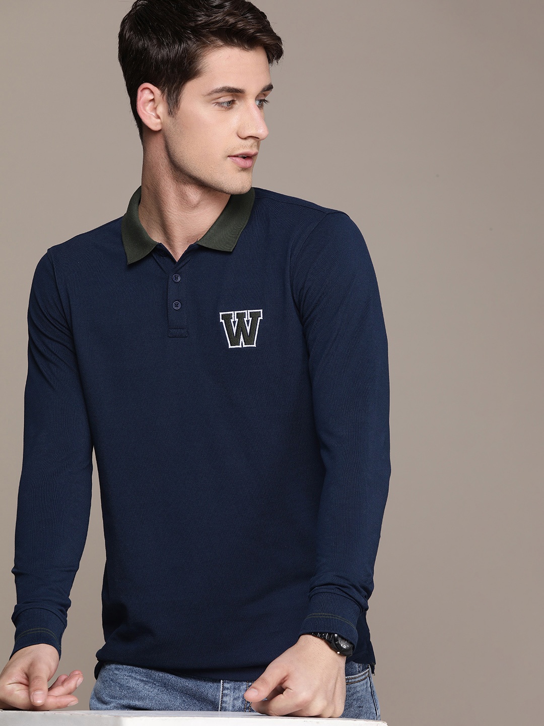 

WROGN Brand Logo Embroidered Polo Collar Slim Fit T-shirt, Navy blue