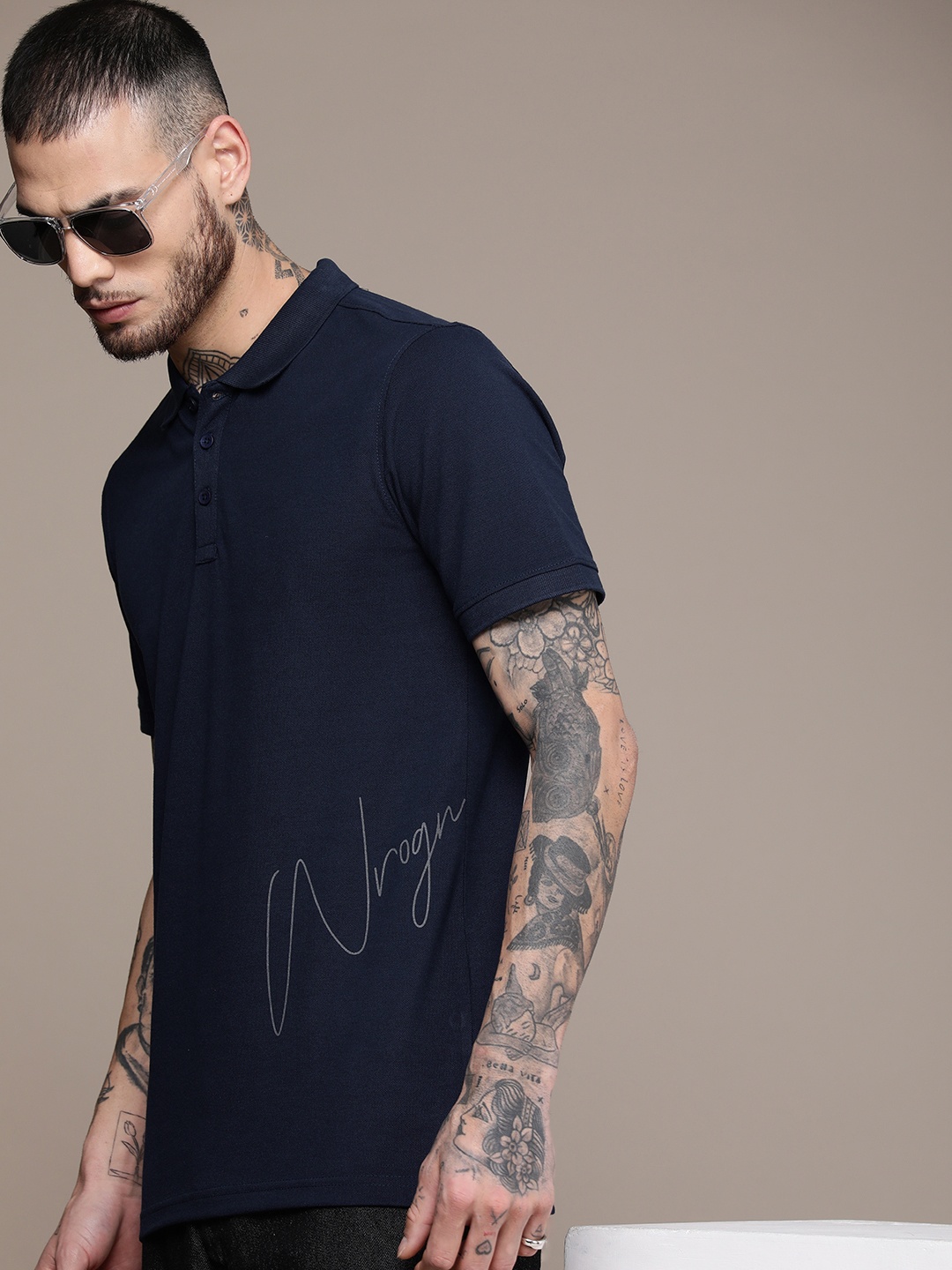 

WROGN Brand Logo Printed Slim Fit Polo Collar Casual T-shirt, Navy blue