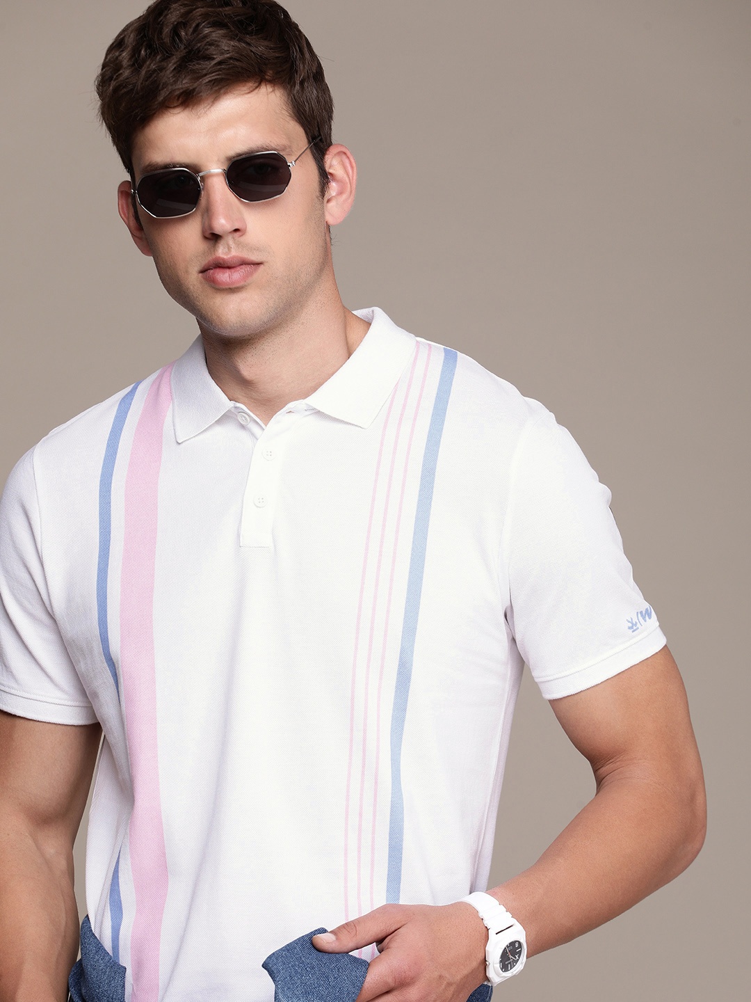 

WROGN Pure Cotton Striped Polo Collar Slim Fit T-shirt, White