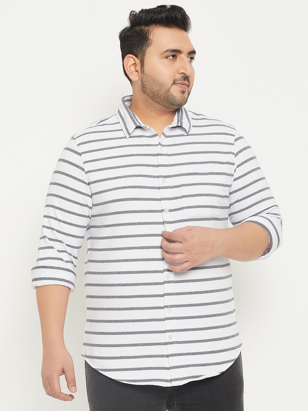 

Club York Plus Size Horizontal Striped Cotton Casual Shirt, White