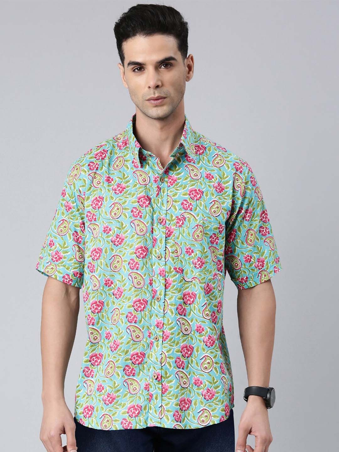 

ERISHA Comfort Floral Printed Cotton Casual Shirt, Green