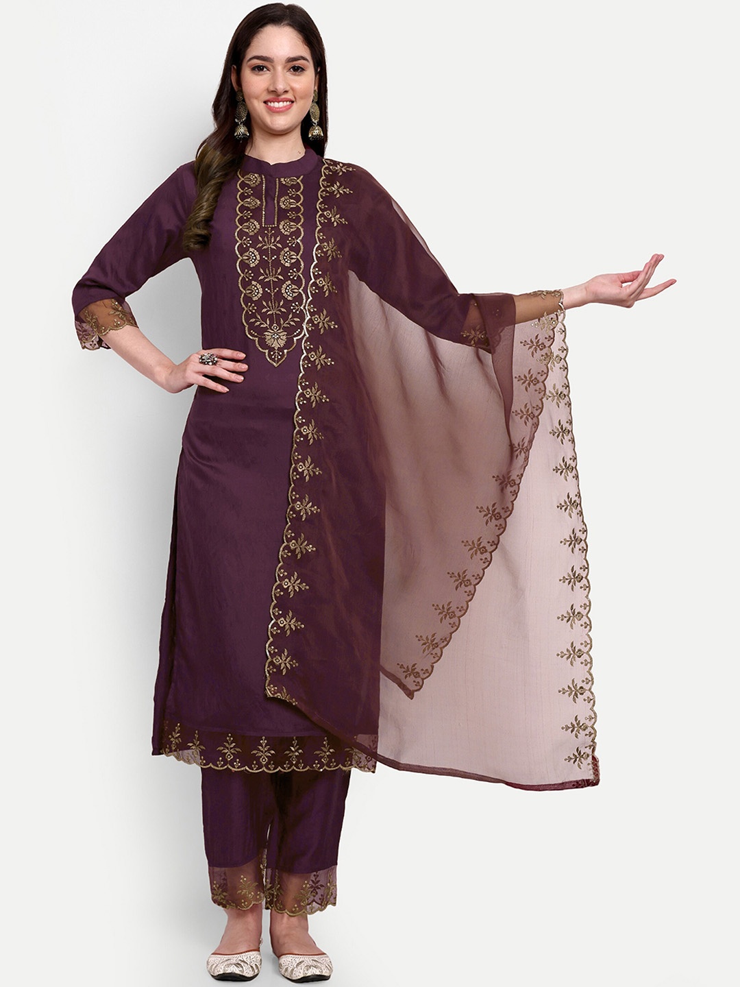 

J.KANJI Ethnic Motifs Yoke Designed Regular Thread Work Kurta with Trousers & Dupatta, Maroon