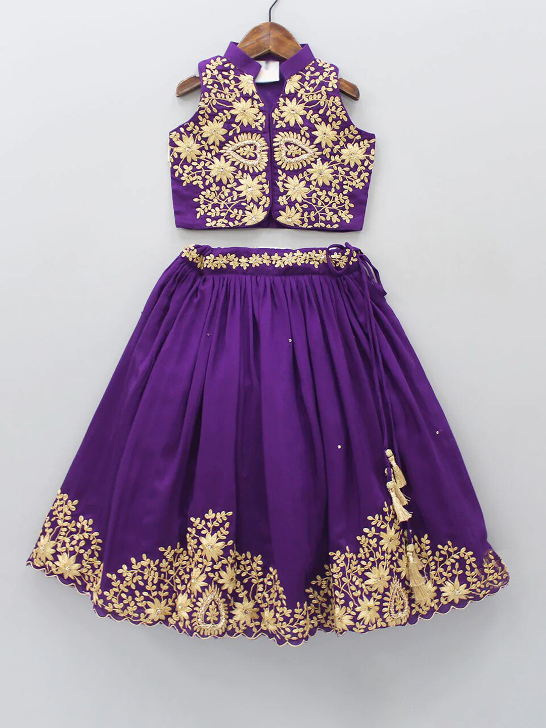 

BAESD Girls Lavender & Beige Embroidered Thread Work Ready to Wear Lehenga &