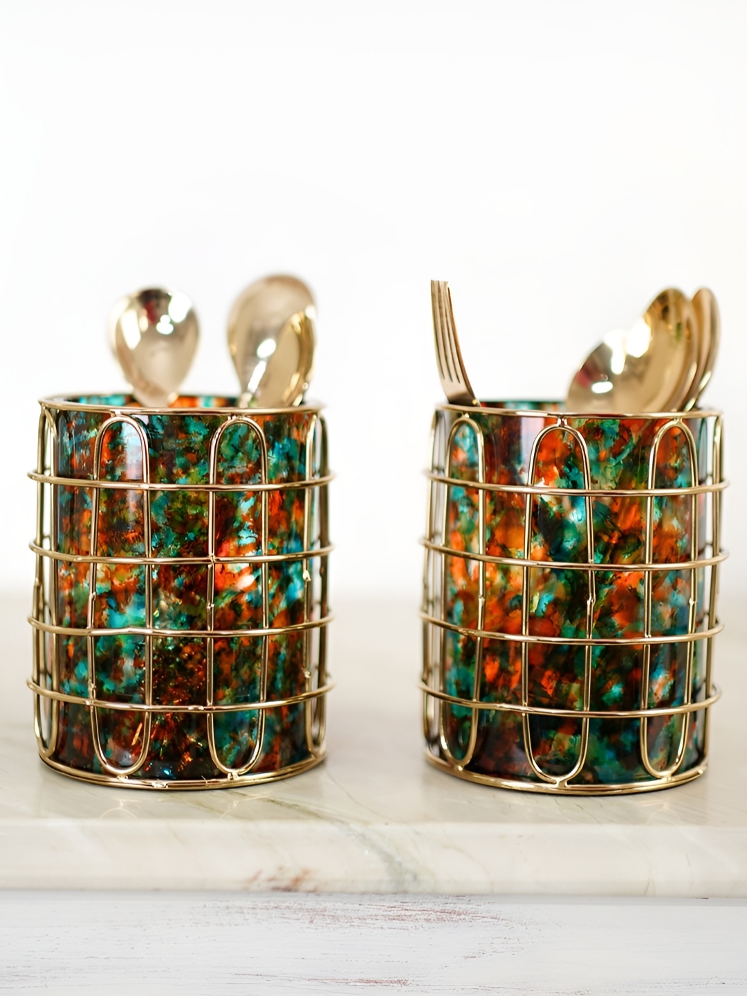 

BEHOMA Orange & Green 2 Pieces Glass Cutlery Holders