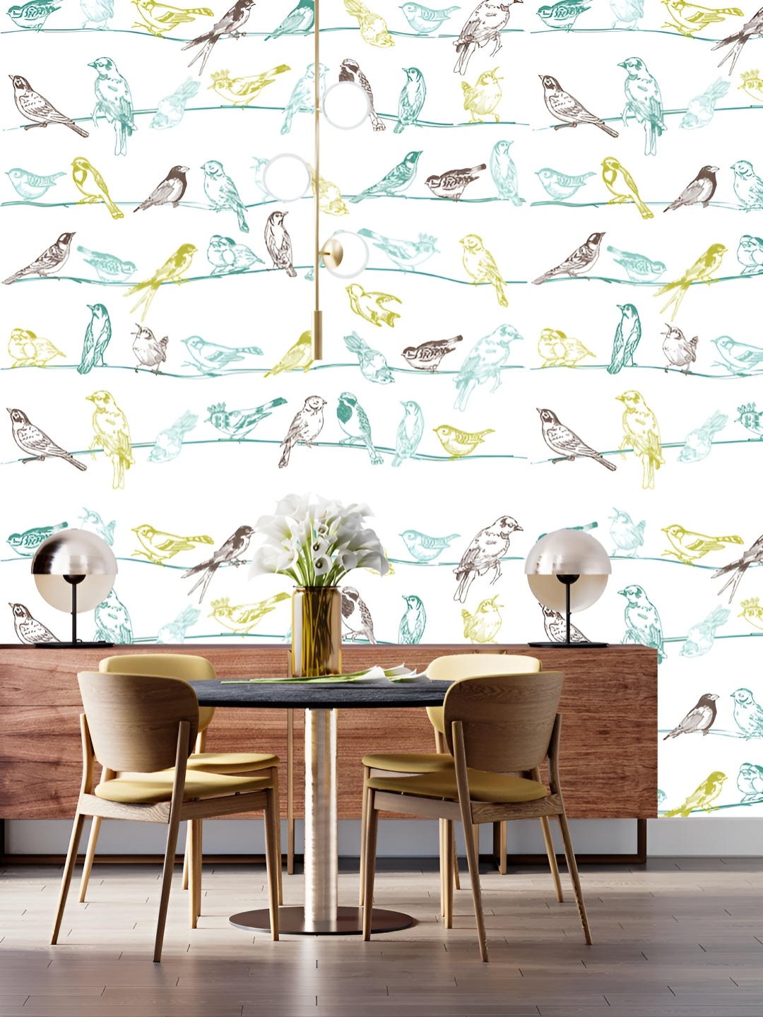 

DWELLSINDIA Blue & Yellow Birds Line Printed Self Adhesive Wallpaper, White