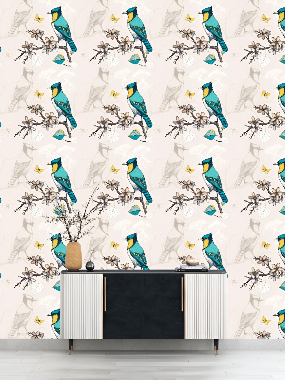 

DWELLSINDIA Beige & Blue Birds Self-adhesive Waterproof & Scratch Resistant Wallpaper