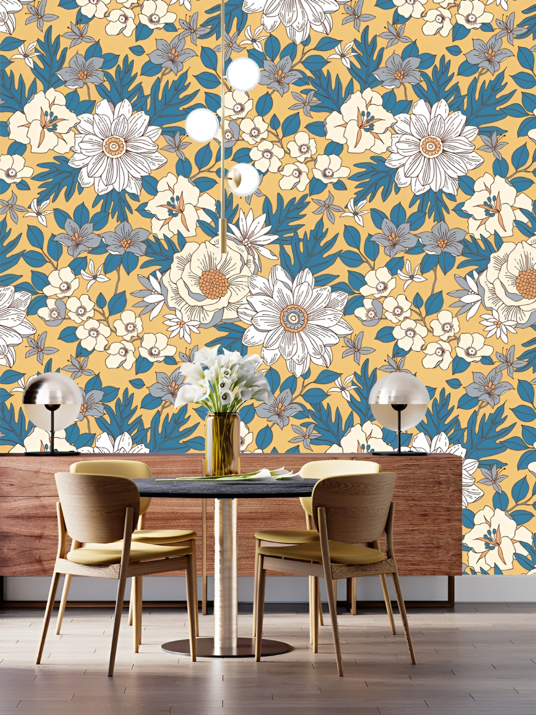 

DWELLSINDIA Blue & White Flowers Printed Self Adhesive Wallpaper, Yellow