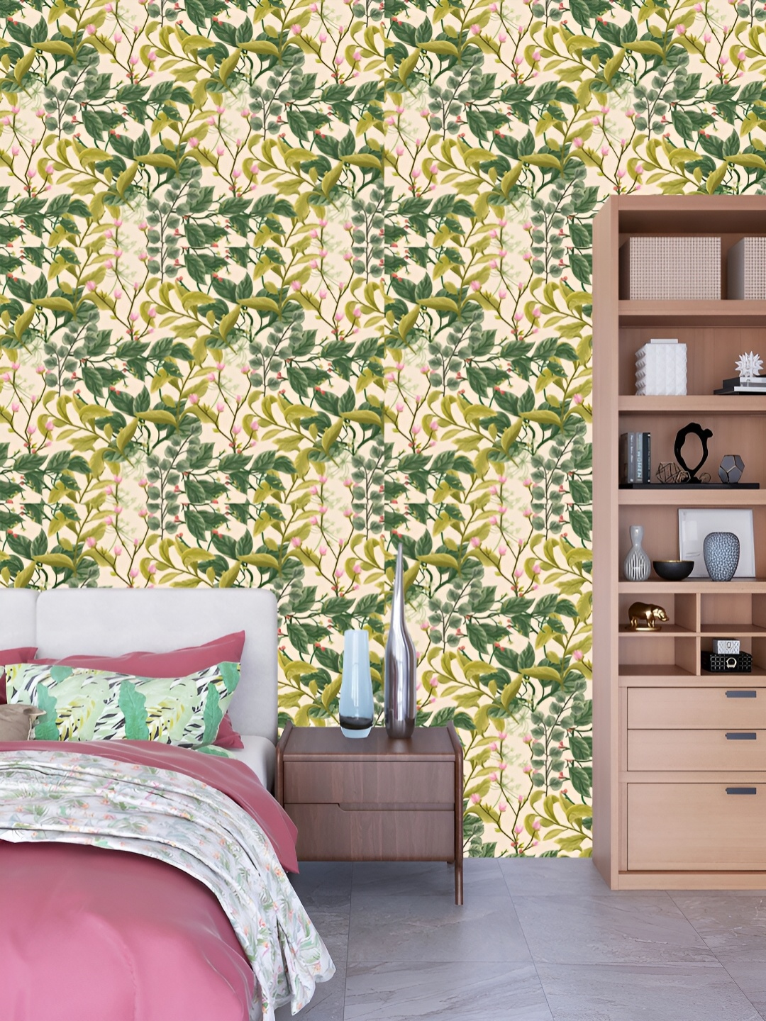 

DWELLSINDIA Green & Pink Leaves & Flowers Printed Self Adhesive Wallpaper