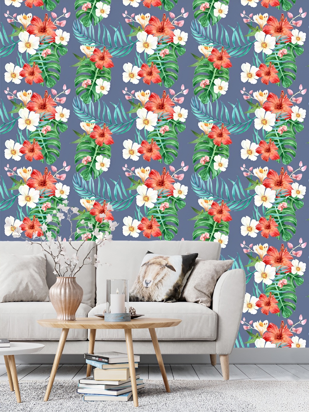 

DWELLSINDIA Green & Pink Watercolor Flowers Printed Self Adhesive Wallpaper, Blue