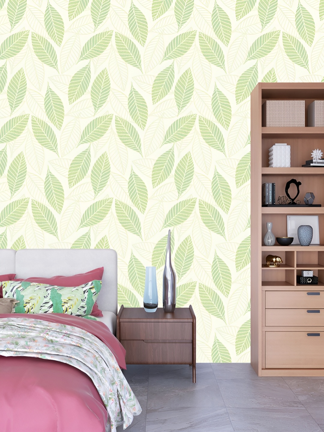 

DWELLSINDIA Beige & Green Leaves-designed Self-adhesive Waterproof & Scratch Resistant Wal