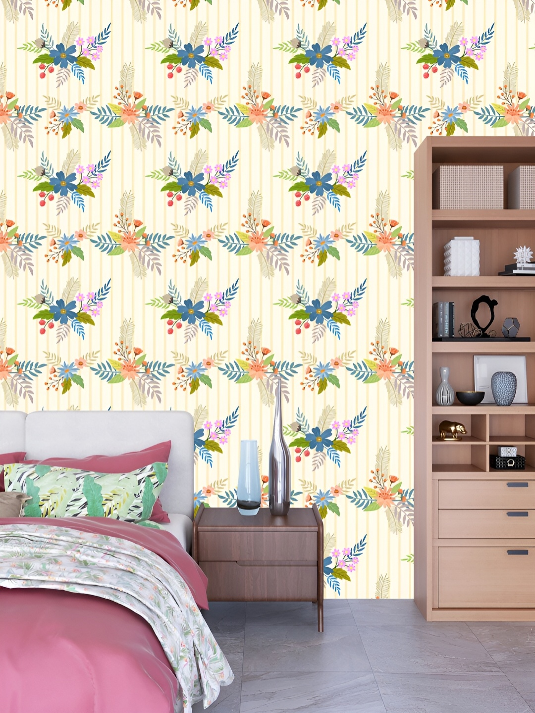 

DWELLSINDIA Blue & Pink Flowers Printed Self Adhesive Wallpaper