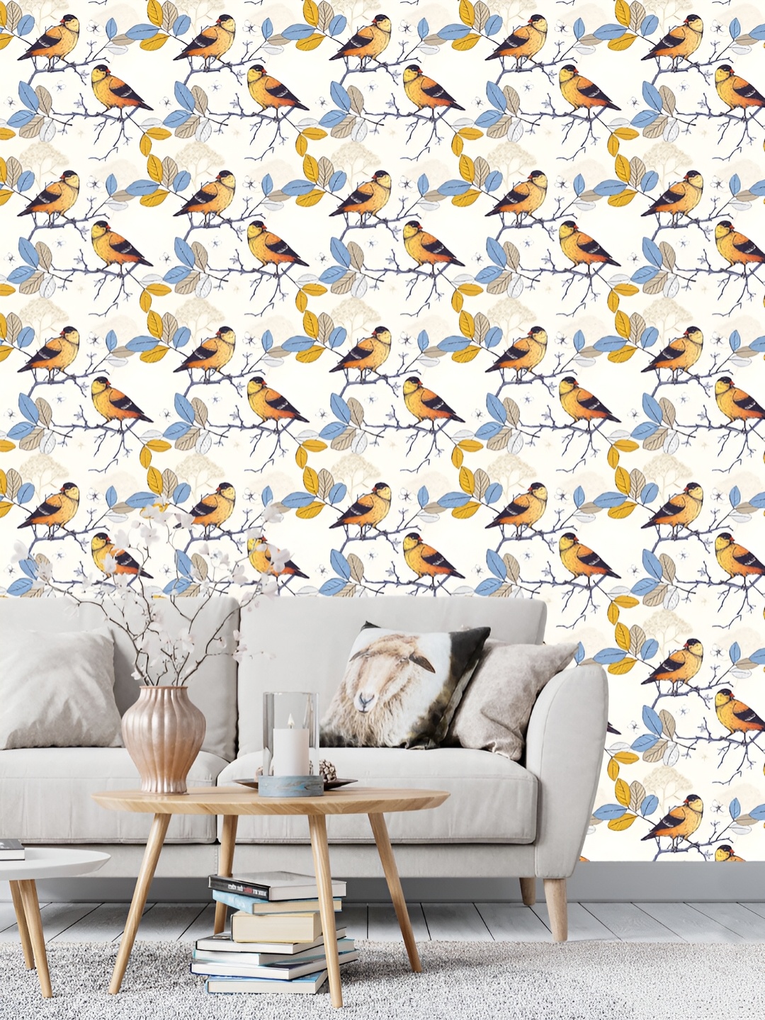

DWELLSINDIA Yellow & Blue Birds Printed Self Adhesive Wallpaper, White
