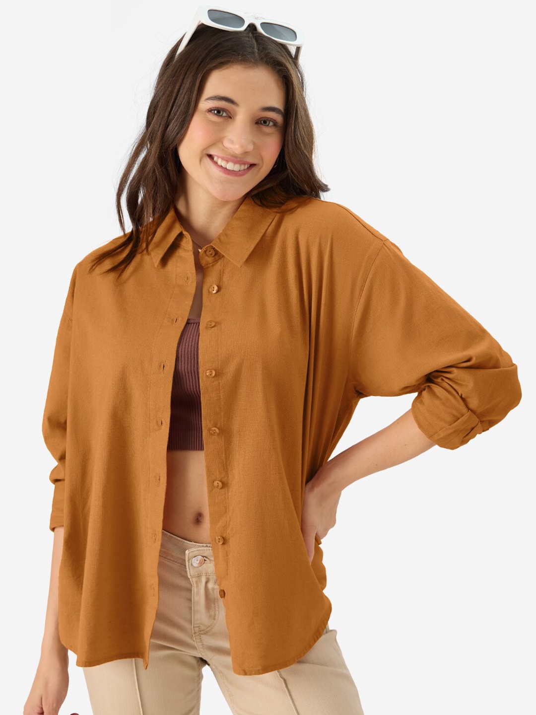

The Souled Store Oversized Cotton & Linen Casual Shirt, Rust