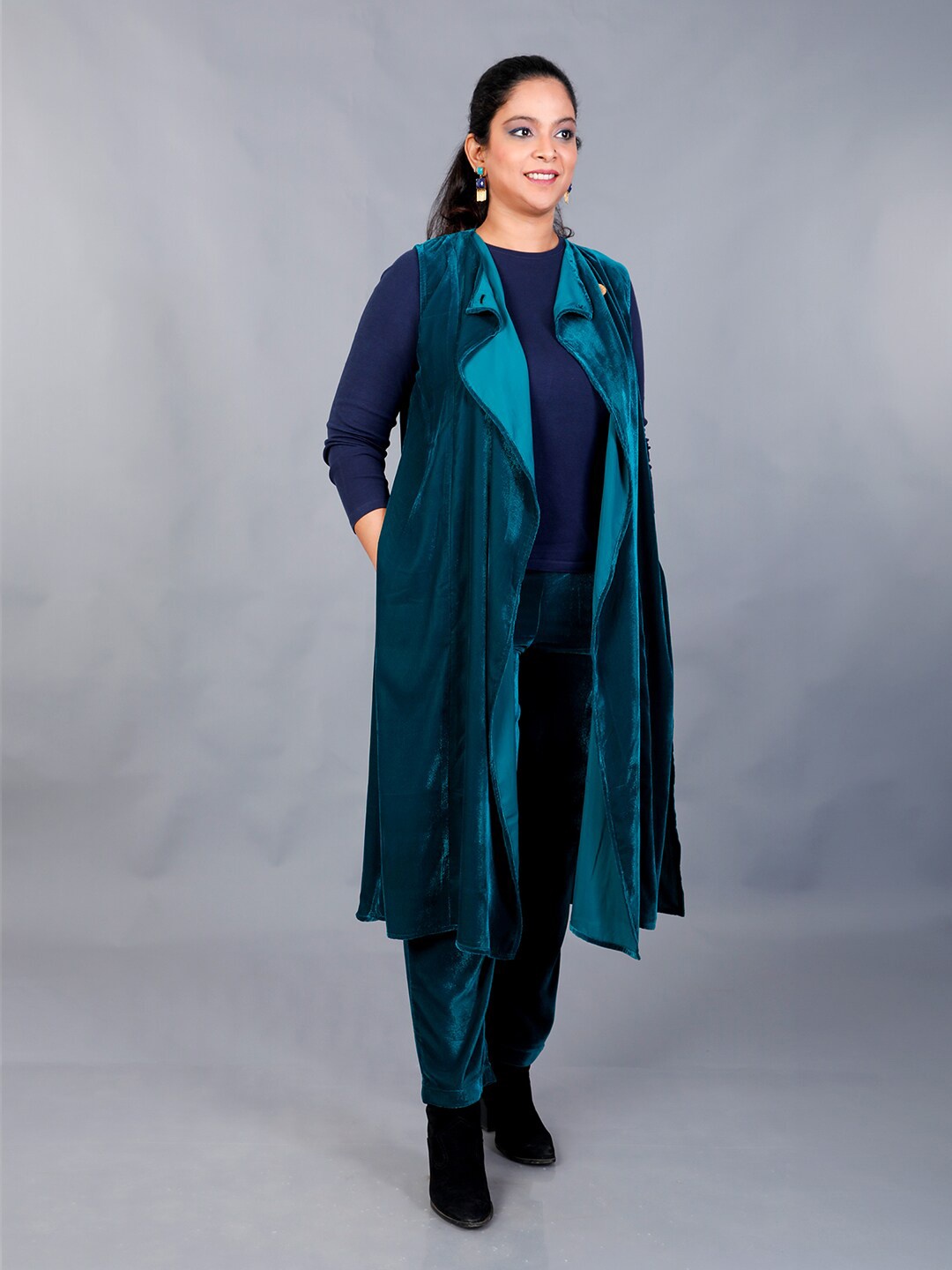 

FABNEST Open Front Longline Shrug, Teal