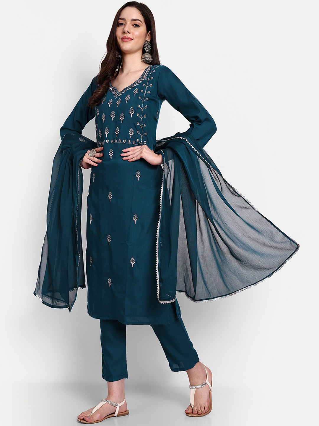 

J.KANJI Floral Embroidered Regular Kurta with Trousers & Dupatta, Turquoise blue