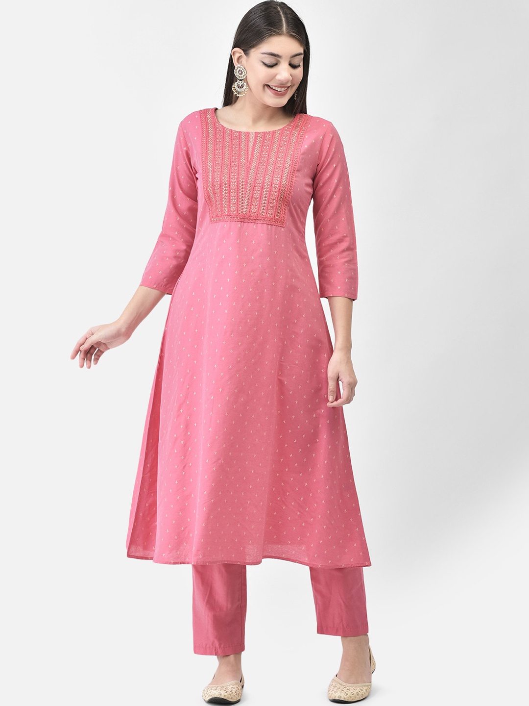 

Span Ethnic Motifs Printed Thread Work A-Line Kurta, Pink