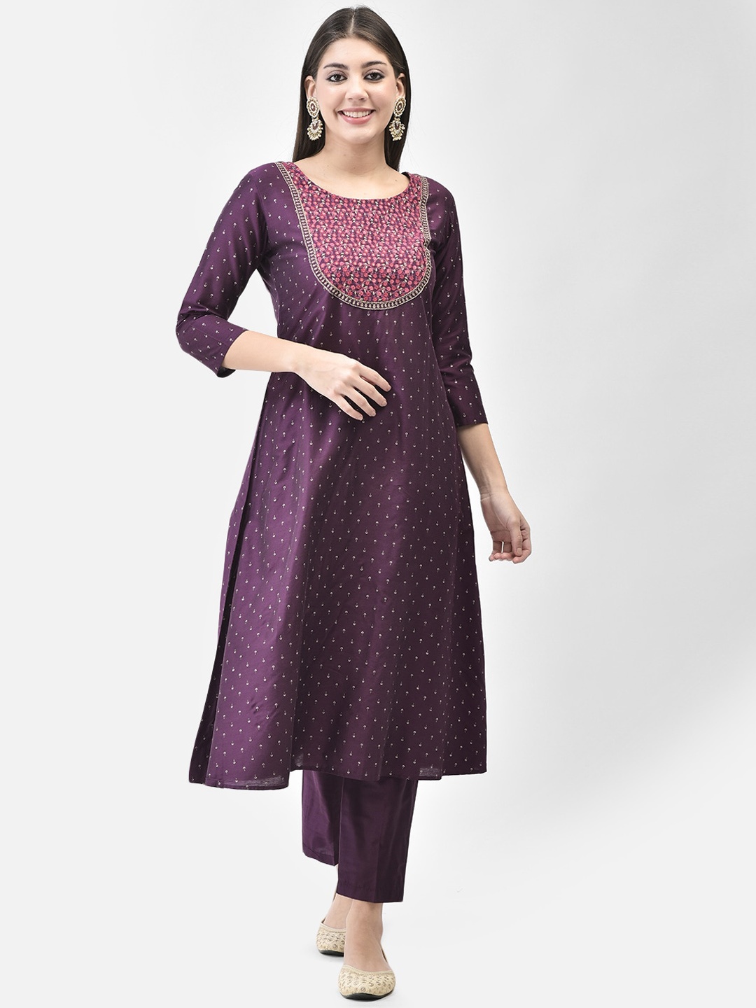 

Span Abstract Foil Printed Thread Work & Sequined Silk A-Line Kurta, Purple