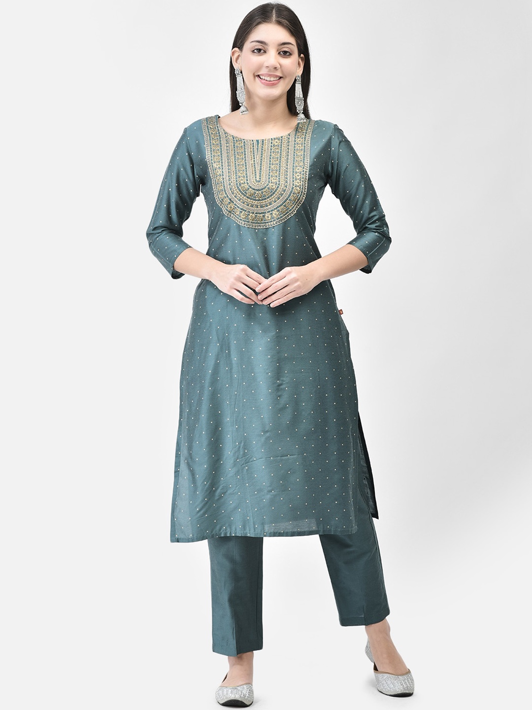 

Span Polka Dots Printed Thread Work Straight Kurta, Green