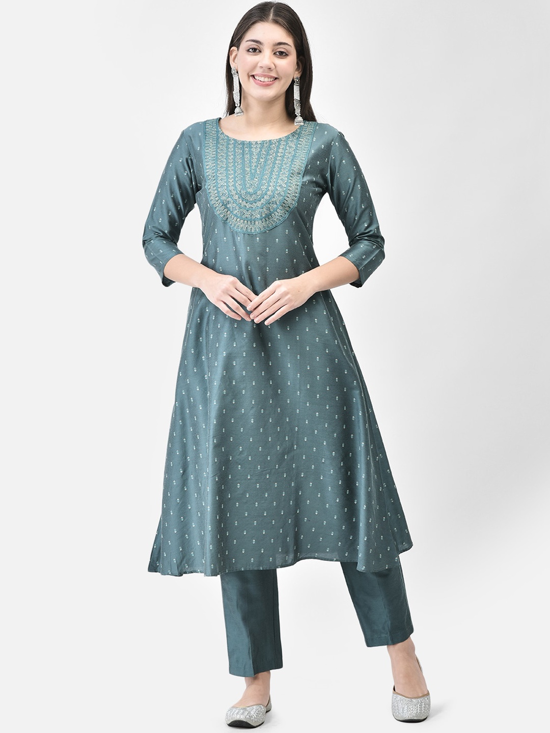 

Span Ethnic Motifs Printed Thread Work A-Line Kurta, Green