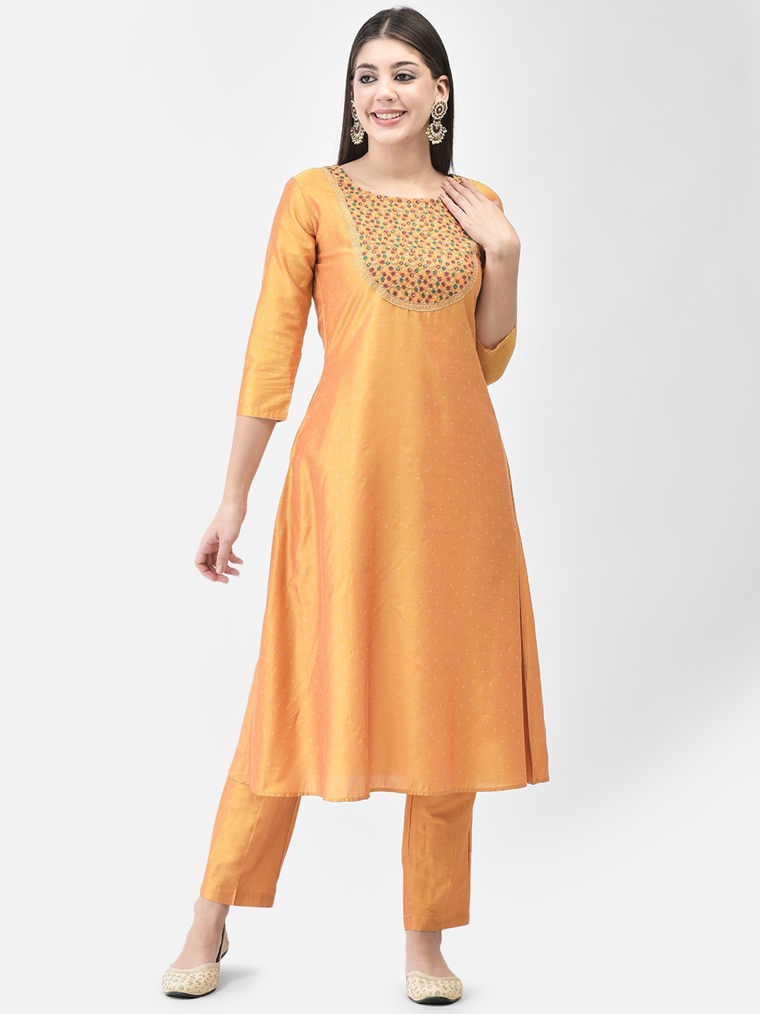 

Span Polka Dots Printed Thread Work A-Line Kurta, Yellow