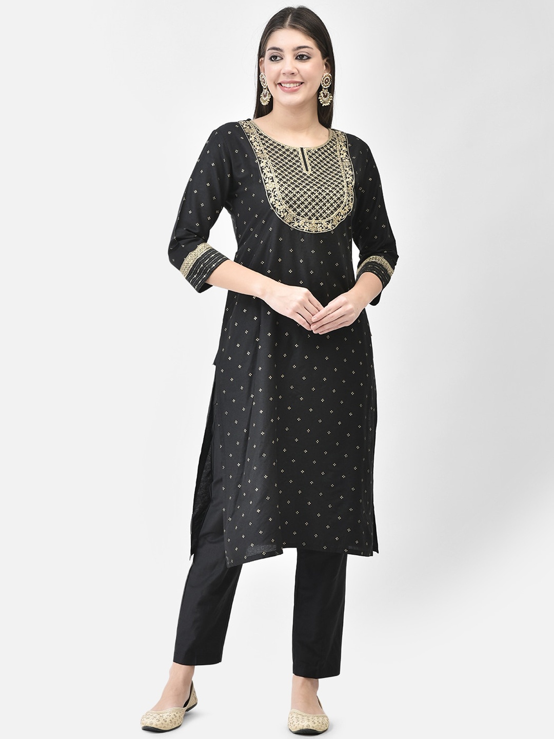 

Span Geometric Printed Thread Work Cotton Straight Kurta, Black