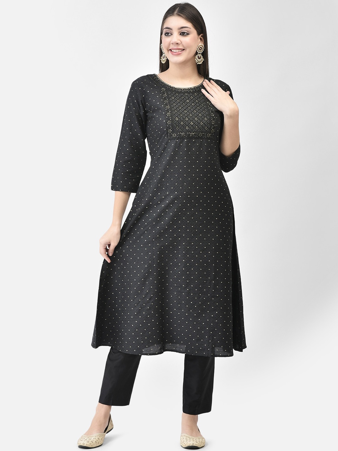 

Span Geometric Printed Thread Work Cotton A-Line Kurta, Black