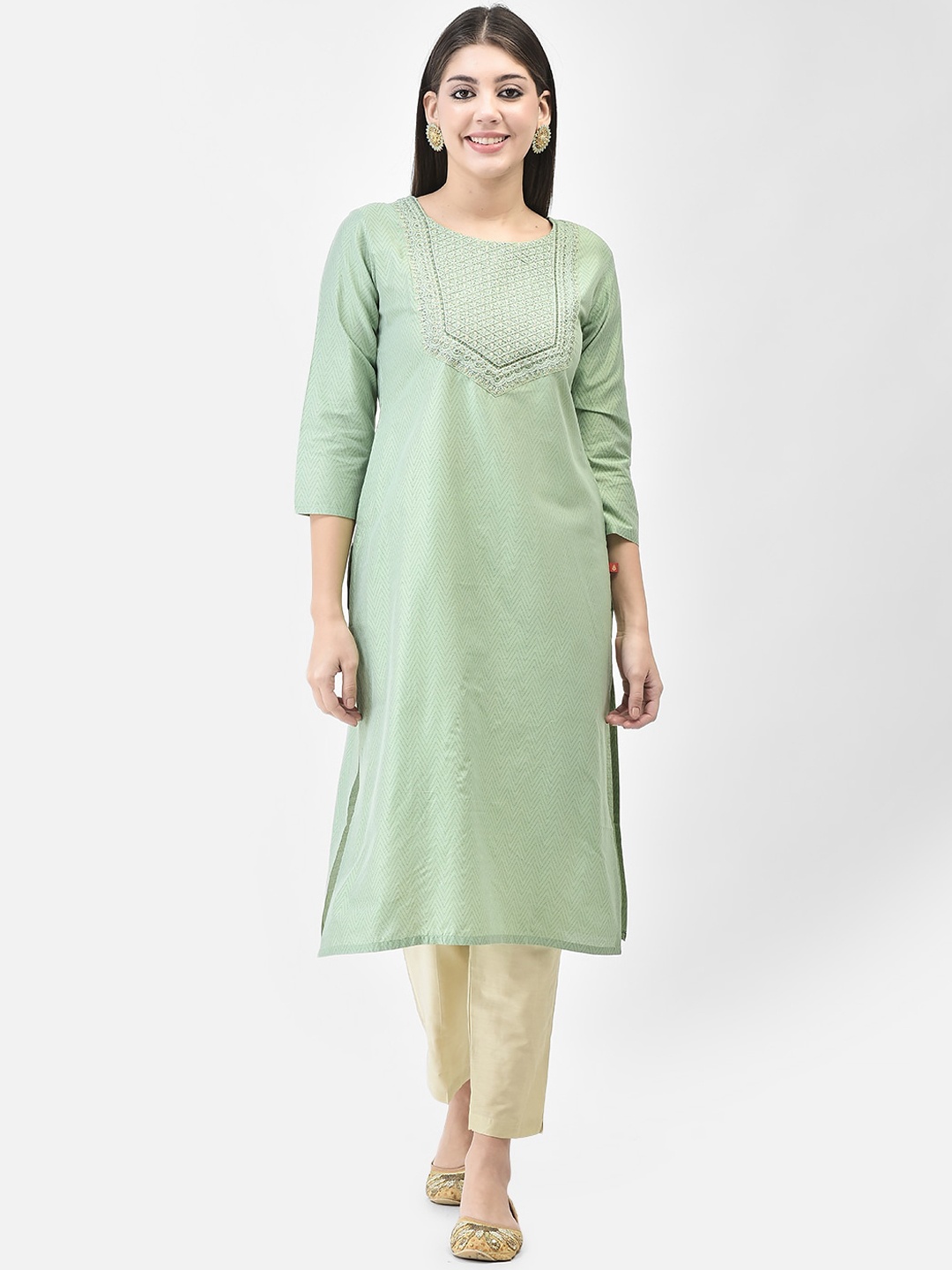 

Span Geometric Printed Thread Work Straight Kurta, Green