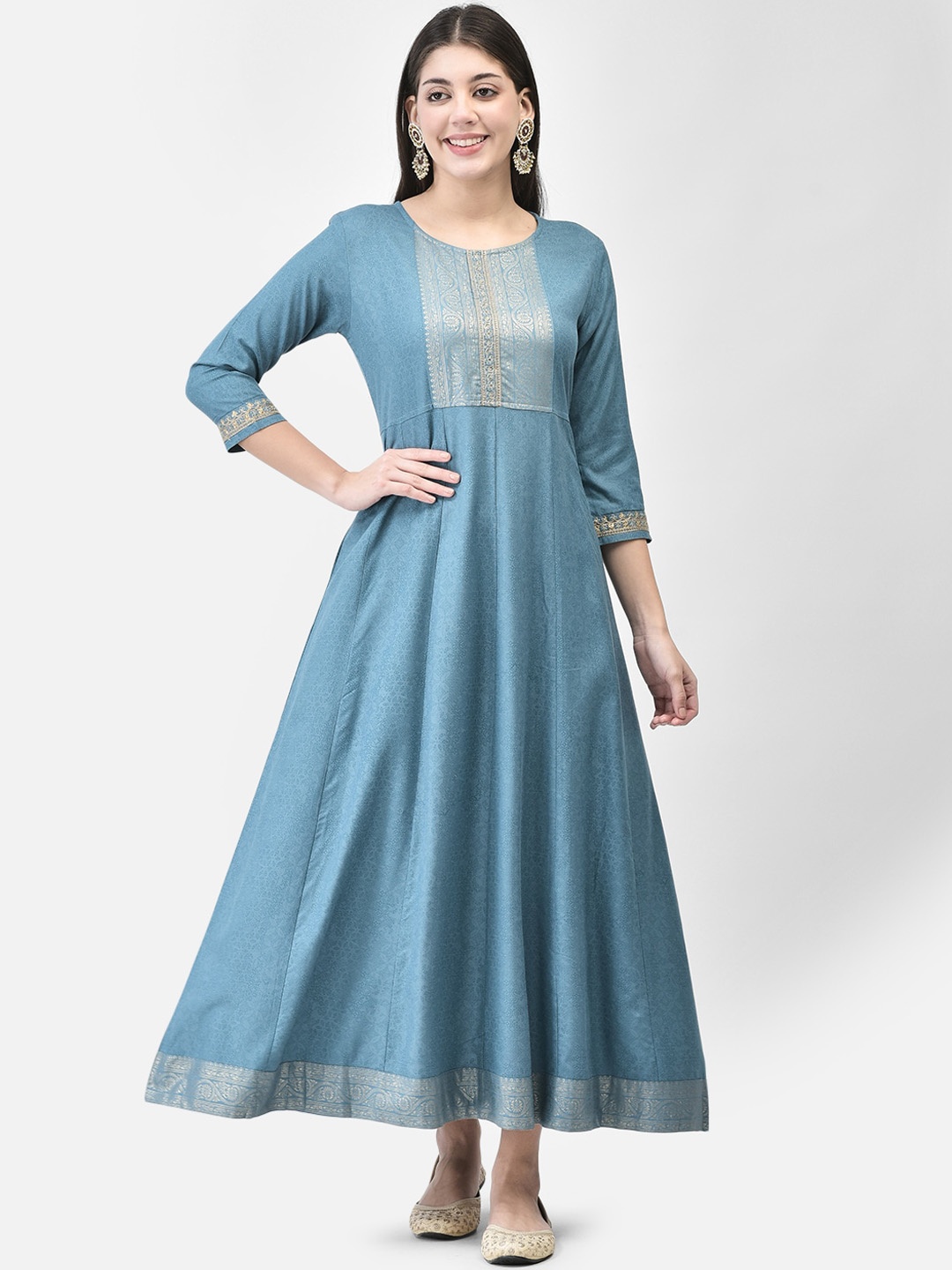 

Span Floral Printed Cotton Fit & Flare Maxi Ethnic Dress, Blue