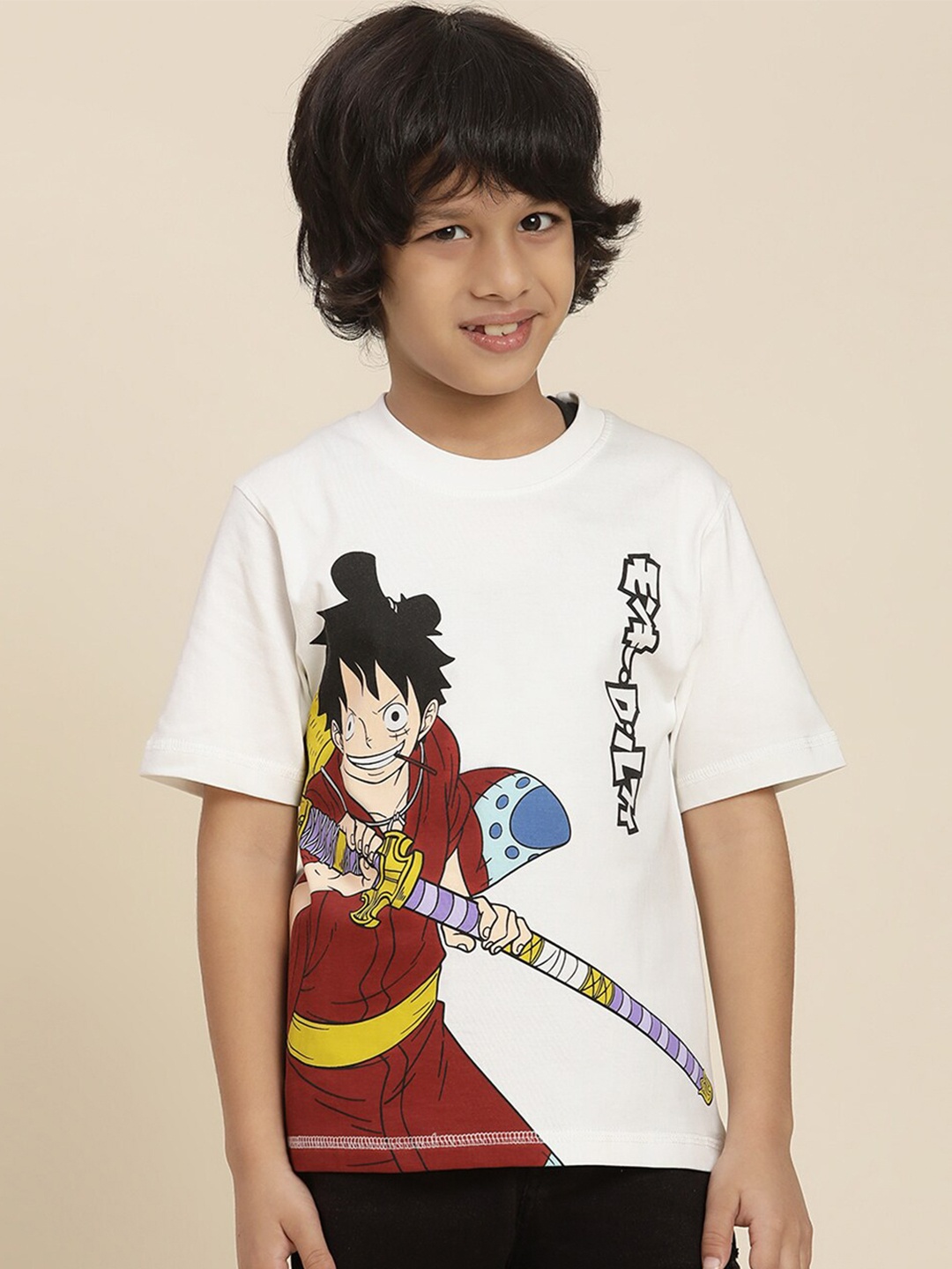 

Kids Ville Boys Monkey D. Luffy Printed Round Neck Short Sleeves Cotton Regular T-shirt, Off white