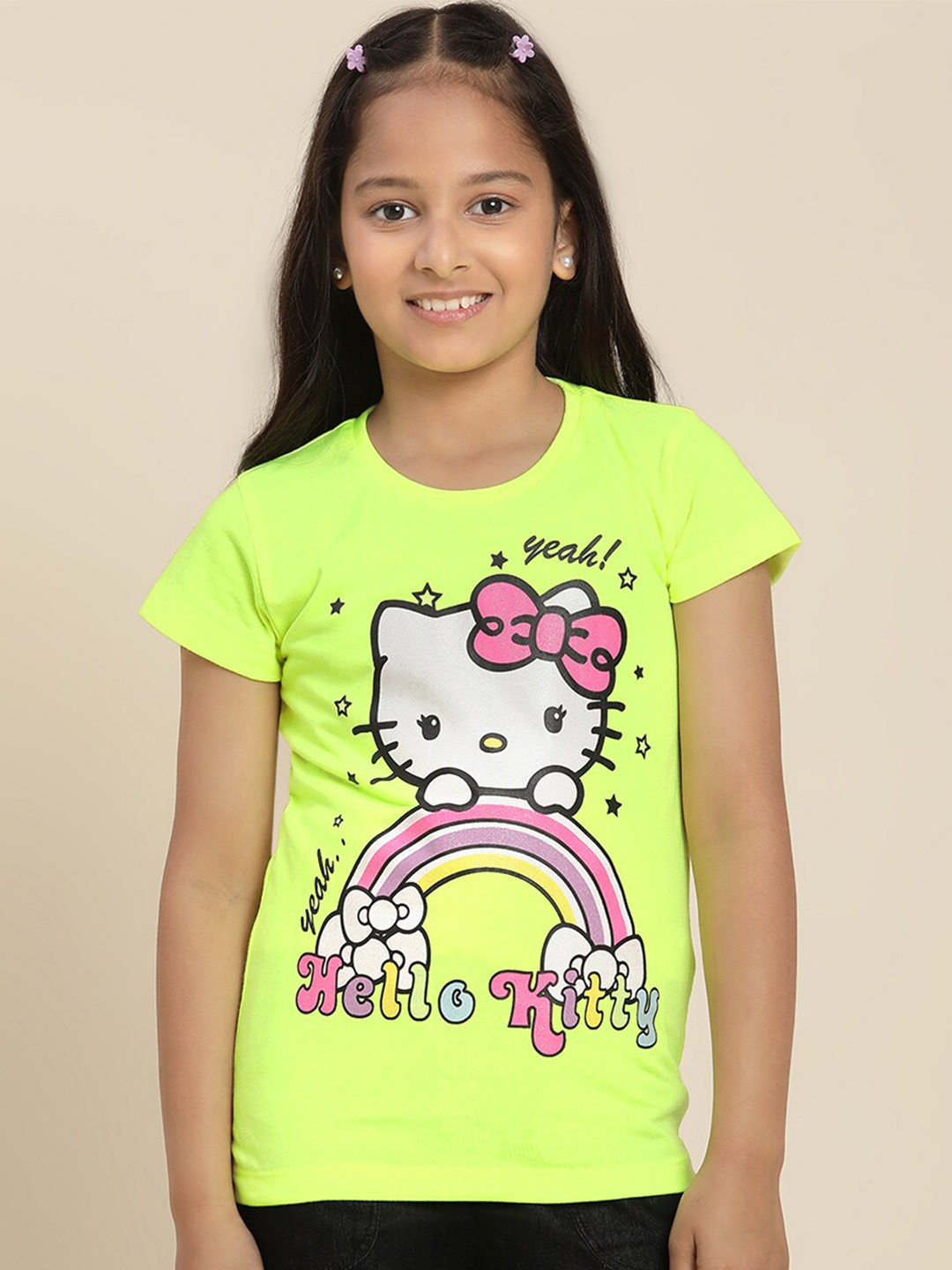 

Kids Ville Girls Hello Kitty Printed Round Neck Short Sleeves Cotton Regular T-shirt, Green