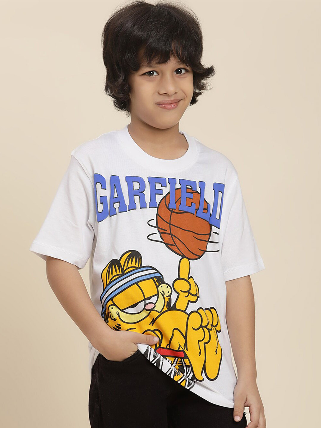 

Kids Ville Boys Garfield Printed Round Neck Short Sleeves Cotton Regular T-shirt, White