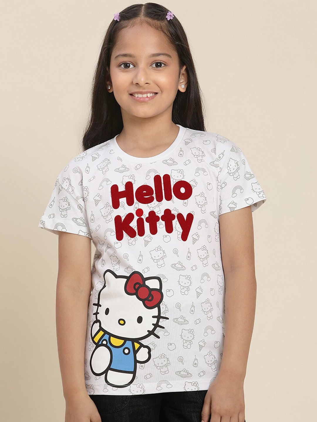 

Kids Ville Girls Hello Kitty Printed Pure Cotton Tshirt, White