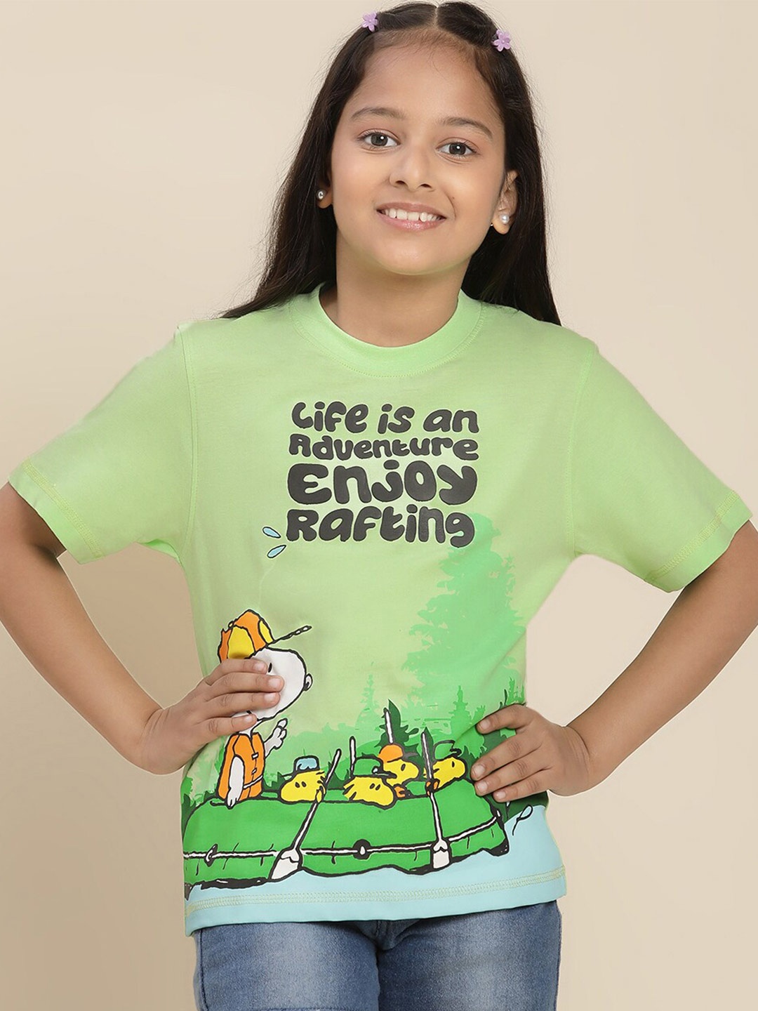 

Kids Ville Girls Peanuts Printed Comfortable Pure Cotton Tshirts, Green