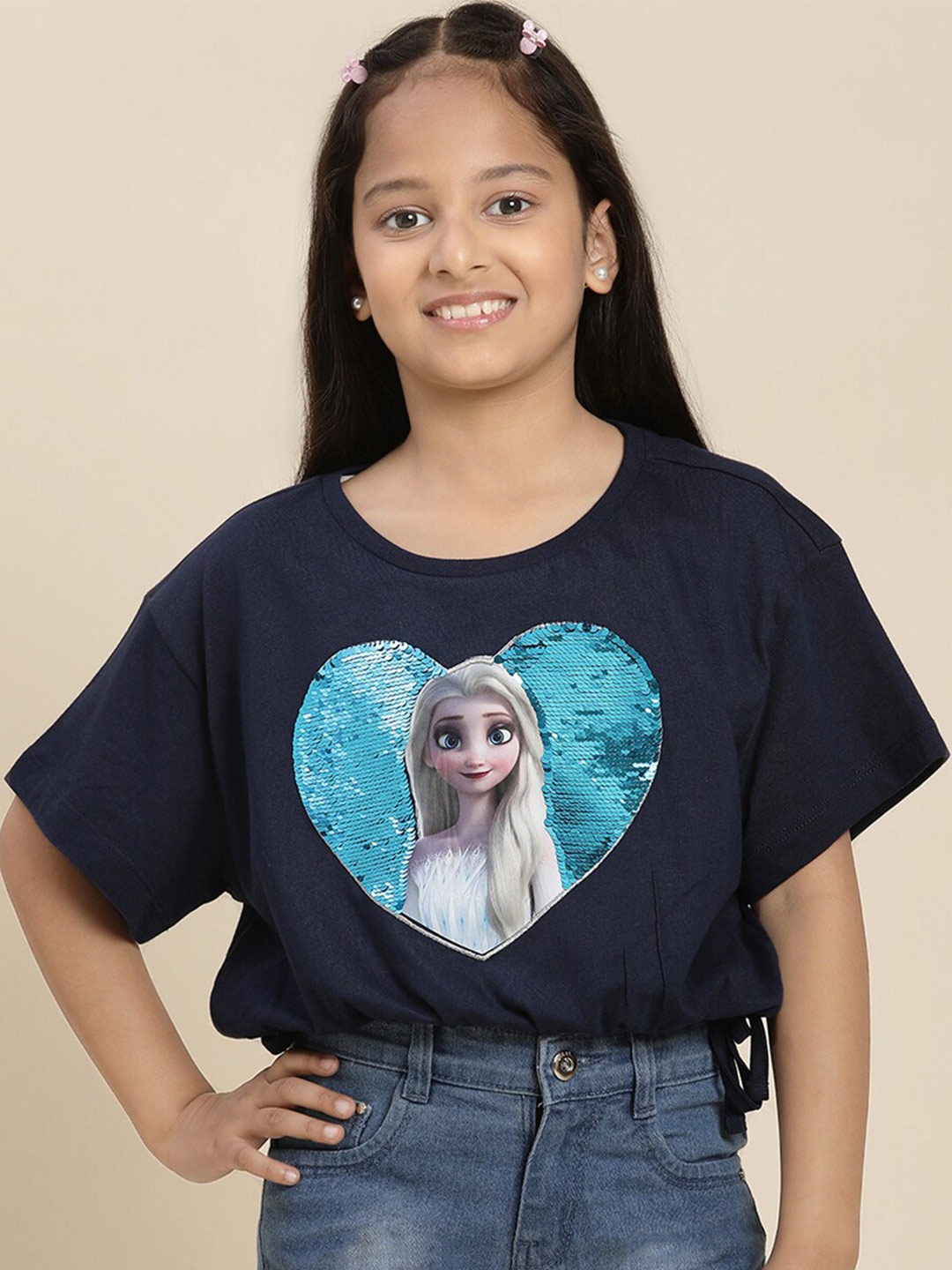 

Kids Ville Girls Frozen Printed Embellished Pure Cotton Tshirt, Navy blue