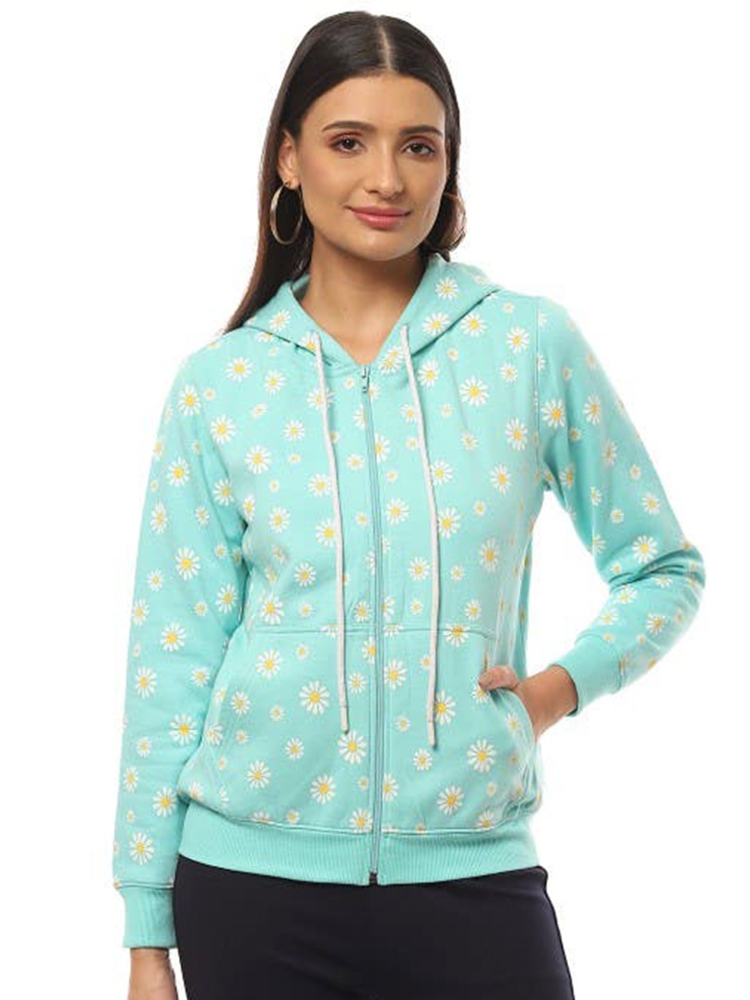 

2Bme Floral Printed Hooded Front-Open Sweatshirt, Blue