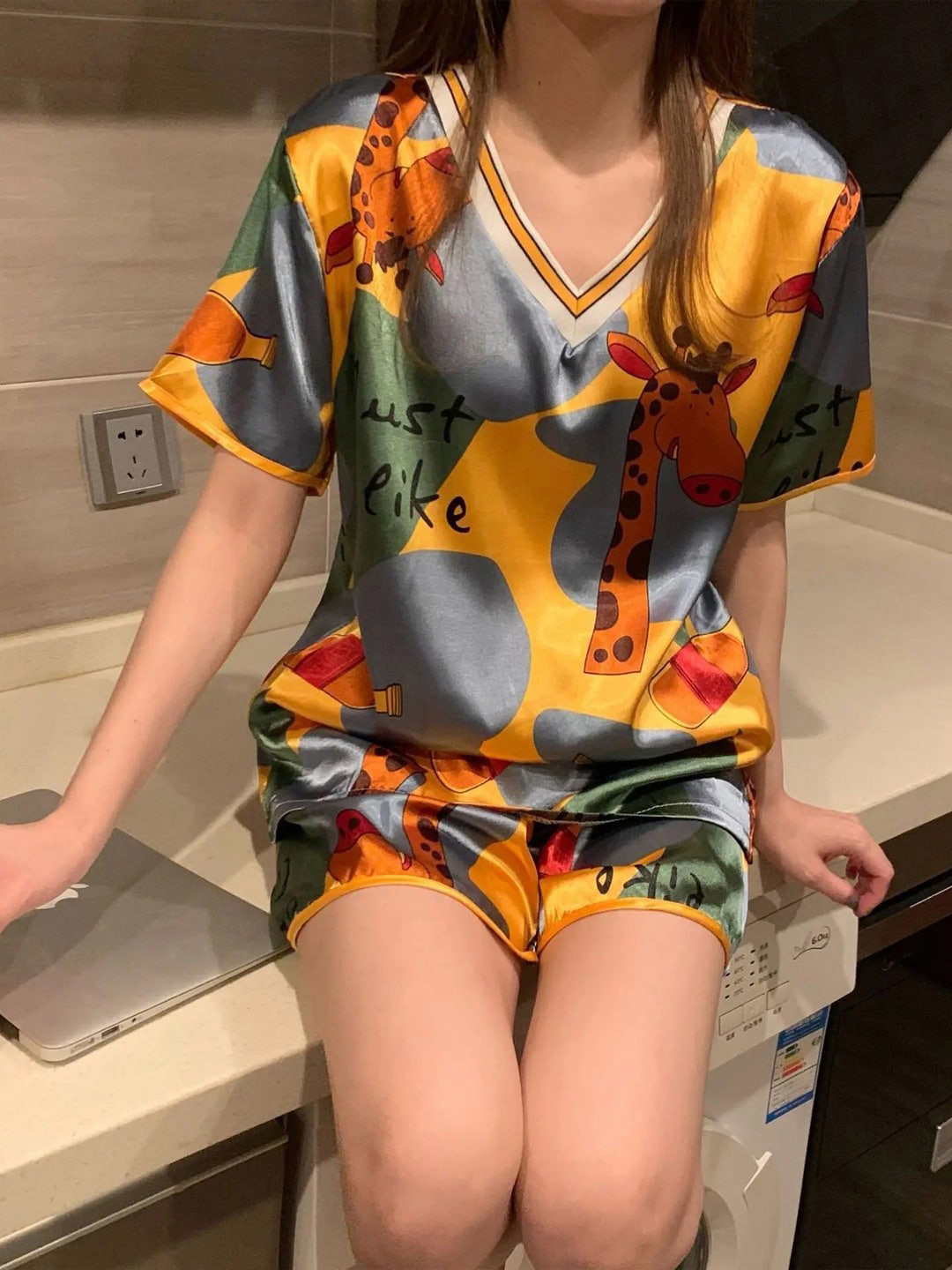 

FIMBUL V-Neck Conversational Printed Satin Night Suit, Yellow